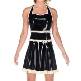 Sexy Women Exotic Dresses Glossy PVC Sexy Halter Back Hollow Apron Dress Faux Latex Ruffles Dress Cosplay Maid Evening Night Costumes