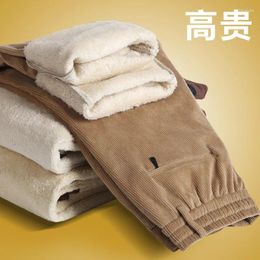 Men's Pants Men Corduroy Elastic Waist Winter Striped Straight Tube Loose High Plush Thickened Casual