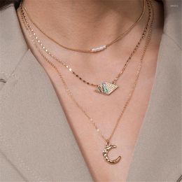 Pendant Necklaces Vintage Fashion Boho Gold Colour Artificial Pearl Geometric Art Moon Necklace For Women Multilevel Chain Choker Jewellery Gif
