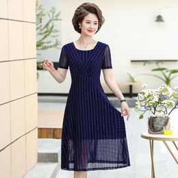 Casual Dresses Women 2023 Summer Fashion Middle-aged A-line Dress Female Short-sleeved Mesh Ladies Solid Color O-neck Vestidos W28