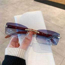 Sunglasses Rimless For Men Women Wooden Pattern Retro Sun Glasses Fashion Shades UV400 Travel Outdoor Gradient