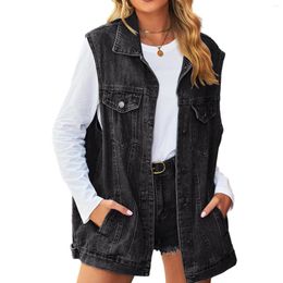 Women's Vests Women Sleeveless Vest Pockets Vintage Style Oversized Coat Distressed Classic Jean Solid Color Button Down Daily Outfit