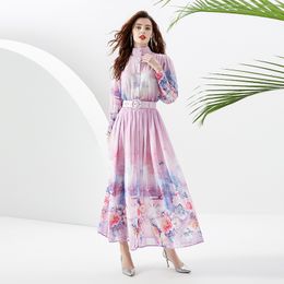 Vacation Woman Floral Boho Maxi Dress Purple Stand Collar Designer Slim Party Ruched Dresses Casual Robes 2023 Spring Autumn Print Runway Lantern Sleeve Frocks