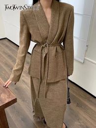 Two Piece Dress TWOTWINSTYLE Minimalist Sets For Women Notched Collar Long Sleeve Spliced Lac Up Coat High Waist Skirt Chic Set Female 231102