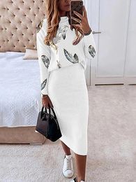 Two Piece Dress Women Elegant Two Piece Set Skirts Sets Autumn Casual O Neck Printing Long-sleeved Pullover Sweatshirt and Bodycon Skirt Outfits 230403