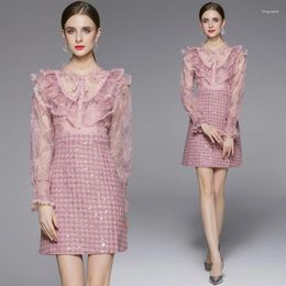 Casual Dresses Light Luxury Machine Embroidery Sequined Tweed Fabric Ruffled Beaded Dress
