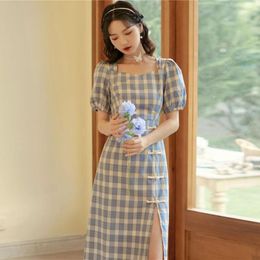 Ethnic Clothing Sexy Women Plaid Split Cheongsam Slim Handmade Button Chinese Dress Ladies Vintage Evening Party Qipao Vestidos Noble Gowns