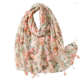 Scarves Simple And Elegant Fresh Cotton Linen Feel Scarf Women's Apricot Colour Large Flower Handmade Tassel Shawl