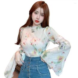 Women's Blouses Spring Rayon Half High Collar Sweet Elegant Floral Print Long Flare Sleeve Tulle Slim Fit Tee Lightweight Chic Shirt