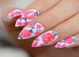 Red Rose Stiletto False Nails Flowers Garden Pattern Press on Almond Fake Nail Tips Daily Office Fingernail Glue on Wear7563844