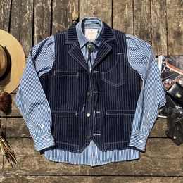 Men's Vests Tailor Brando American Vintage Suit Collar Vertical Stripes Biker Work Denim Vest Western Style