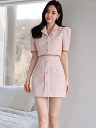 Work Dresses Elegant Korean Fashion Pink Suit Puff Sleeve Coat High Waist Pocket A Line Mini Skirt 2 Piece Sets Women Outfits Summer