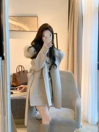 Women's Wool Blend'S 2023 Winter Thickened Loose Cashmere Coat With Belt Hooded Short Woollen Cloth Leisure Women 231102