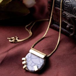 Pendant Necklaces Round Marble Natural Stone Necklace Gold Colour Alloy Long Women's Clothing & Accessories