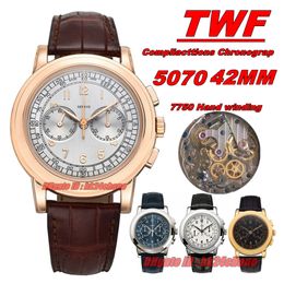 TWF Factory Watches 42MM Compliacttions Chronograph 5070 Hand winding EAT7750 Mechanical Mens Watch White Dial Stainless Steel Leather Strap Gents Watches