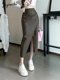 Skirts Syiwidii Asymmetrical Midi For Women 2023 Fashion Vintage Split Slim Skirt Casual High Waisted Solid PU Leather