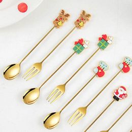 Dinnerware Sets 6Pcs Stainless Steel Cartoon Christmas Spoon Set Coffee Dessert Fruit Fork Xmas Kitchen Tableware Year Gift