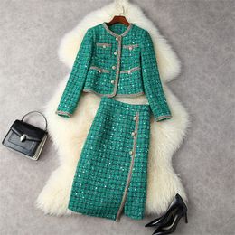 Two Piece Dress Runway Winter Tweed Dress Set Autumn Women's Party Suits Sequins Plaid Office Woollen Jacket Coat with Skirt 2 Piece Clothes 230403