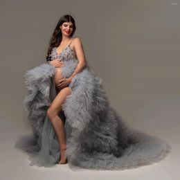 Vestidos casuais luxo laço frisado maternidade poshoot frente fenda inchado em camadas tule chá de bebê para mulher grávida vestidos de festa