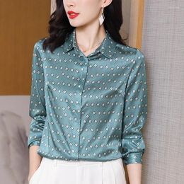 Women's Blouses Real Silk Satin Blouse Elegant Turn-down Collar Long Sleeve Casual Shirts Spring Autumn Woman Print Shirt Tops