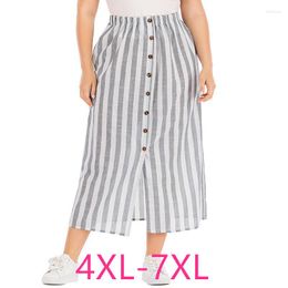 Skirts 2023 Spring Summer Plus Size Long Skirt For Women Large Casual Loose Button Grey White Stripe 4XL 5XL 6XL 7XL