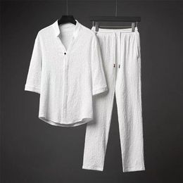 Men's Tracksuits Summer Chinese Style Linen Tang Suit Traditional Clothing Men Solid Tai Chi Uniform Retro V-neck Short Sleeve Shirt Pants Set 230403