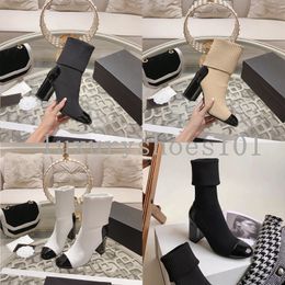 Designer Socks Heeled Boots High Calfskin Knitted Elastic Boot Designer pointed Women Shoes Lady Thick high Heels Large Size 35-41 With Box