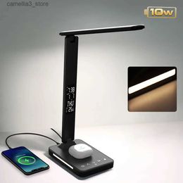Desk Lamps 10W QI Wireless Charging LED Desk Lamp with Night Light Calendar Temperature Alarm Clock Eye Protect Study Light Table Lamp Q231104