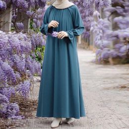 Ethnic Clothing Women's Muslim Middle Dress Solid Colour Trumpet Sleeve Pocket Long Round Neck Loose Temperament Prayer Clothes