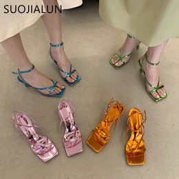 SUOJIALUN Summer Women Sandals Sandal Fashion Narrow Band Ladies Elegant Dress Gladitor Thin High Heel Square Toe Pumps 2554