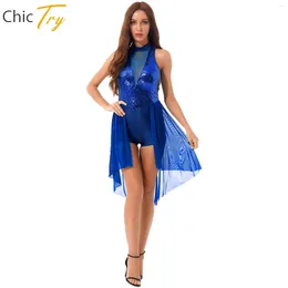 Stage Wear Ballet Dress For Women Sparkly Sequin Gymnastics Leotard Tulle Skirts Contemporary Lyrical Dance Dresses Figure Skating Costume