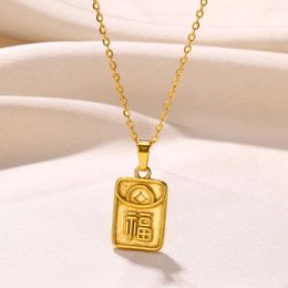 Pendant Necklaces Dainty Chinese Characters FU For Women Gold Color Square Carved Geometric Jewelry Kid Amulet Accessories Gifts