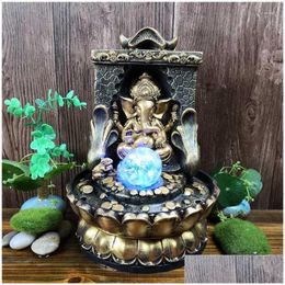 Decorative Objects Figurines Hindu Ganesha Statue Fortune Lucky Feng Shui Desktop Fountains Indoor Led Glowing Dhsbz