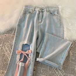 Women's Jeans Denim Pants Sweet Bow Lace-up Lace Hole Wide Leg Pant Summer High Waist Y2k Japan Style Women Harajuku Light Blue Belt