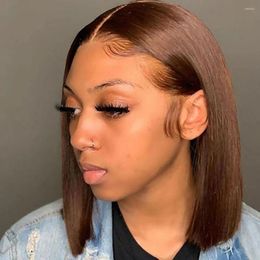 Brown Short Bob Wigs Human Hair 13x4T Hd Lace Frontal Wig For Women #4 Burgundy 99J Highlight Straight Front