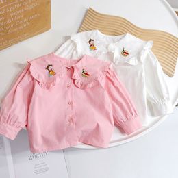 Kids Shirts Baby Girl Cute Embroidered Collar Cotton Shirt Top Spring Autumn Summer Clothing Children Princess Birthday Clothing 230403