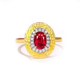 Cluster Rings Vintage Jewelry AU750 18K Yellow Gold Ring Hammered Design Pigeon Blood Natural Ruby Diamonds Trendy Customize