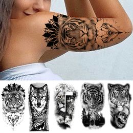 Temporary Tattoos Tribal Tiger Diamond Temporary Tattoos For Women Men Cross Lion Skull Tattoo Sticker Black Wolf Fake Forest Animal Tatoo Forearm Z0403