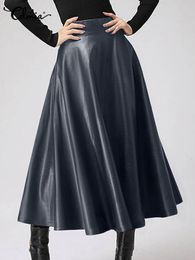Skirts Women Long Skirts Fashion Leather PU Skirt Celmia Solid Office Lady Midi Skirts Elegant High-Waisted Party Skirt Bottoms 230403