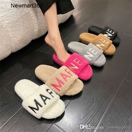 Lamb Plush Slippers For Female Outerwear Wearing 2023 Autumn And Winter Fashion Letter Embroidery One Foot Thick Sole Cotton Slippers
