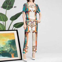 Women's Two Piece Pants Qian Han Zi Designer Retro Vacation 2-piece Set Women Fashion Short Sleeve Blouse Amazing Pattern Print Long Suit Se