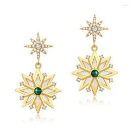 Dangle Earrings Natural Malachite S925 Sterling Silver 10k Gold-plated Zircon Stone Crystal Snowflake Earring Women