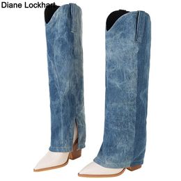 Designer Chunky Heel Pointed Toe Boots Women Long Knee High Boots Fold Denim Boottes Shoes Female western cowboy boots 2022 230403