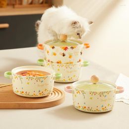 Bowls Soup Milk Yellow Ins Instant Noodle Bowl With Lid Ceramic Large Student Dormitory Double Handle Printing Set Plant Pattern