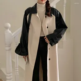 Women's Trench Coats SuperAen Korea Chic Autumn Retro Style Lapel Stitching PU Leather Design Single-breasted Loose Long Coat