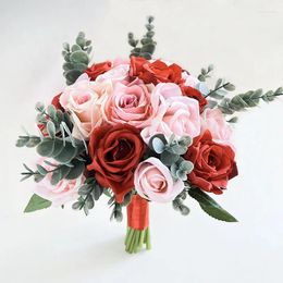 Wedding Flowers Bride Bouquet Accessories Pink Red Roses Silk Artificial Eucalyptus Leaves Handmade Bridesmaids Bridal Bouquets