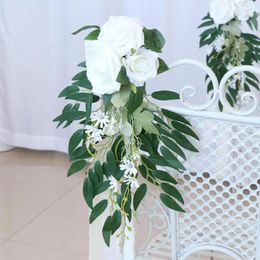 Decorative Flowers Chair Back Banquet Artificial Rose With Green Leaves Ribbons Wedding Aisle Decoration For Church Ceremony Party