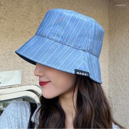 Berets Japanese Style Face-Looking Small Vertical Pattern Bucket Hat Female Summer Sun-Proof Sun Student Korean Simple All-Ma