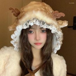 Berets Cute Elk Horn Speckled Lace Edge Plush Bomber Hat Autumn And Winter Christmas Atmosphere Warm Ear Protection Strap Women's Caps