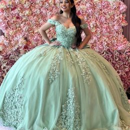 Mint Green Sweetheart Beading Tassel Quinceanera Dress Ball Gown Off The Shoulder Appliques Lace Corset Sweet 15 Vestidos De XV Anos